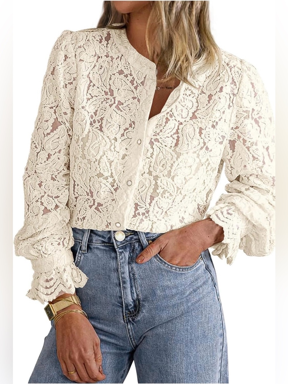 #43 Pretty Garden Lace Button-Front Long-Sleeve Top in Cream